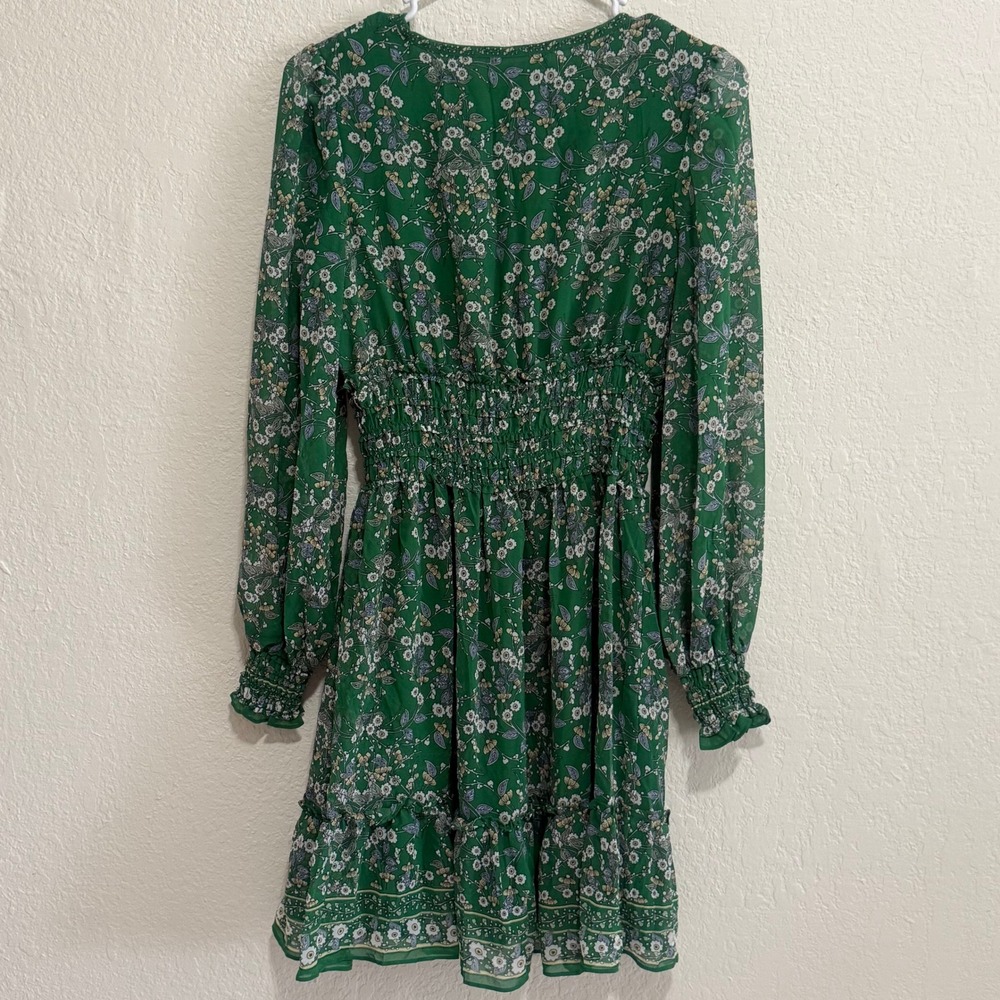 MAX STUDIO Green Floral Print Smocked Waist Long Sleeve Mini Dress Size S - Picture 7 of 12